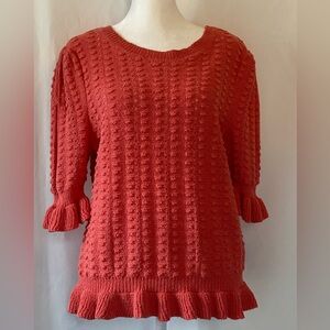 Feminine Cottagecore Coral Cotton Mix 3/4 Sleeve Ruffle Popcorn Knit Tee Large